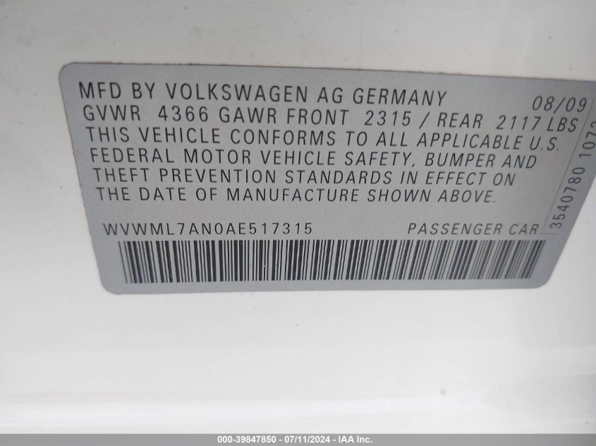 2010 Volkswagen Cc Sport VIN: WVWML7AN0AE517315 Lot: 39847850