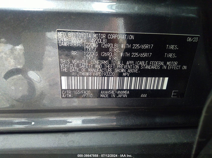 2023 TOYOTA RAV4 HYBRID 2.5L I-4 DI, DOHC, V(VIN: JTMRWRFV4PD193320