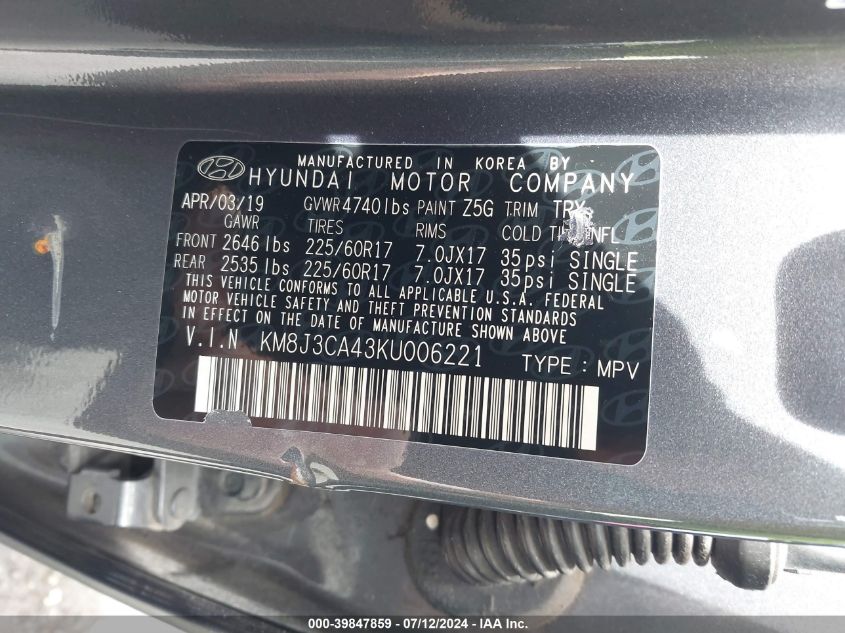 2019 Hyundai Tucson Limited/Sel/Sport/Ultimat VIN: KM8J3CA43KU006221 Lot: 39847859