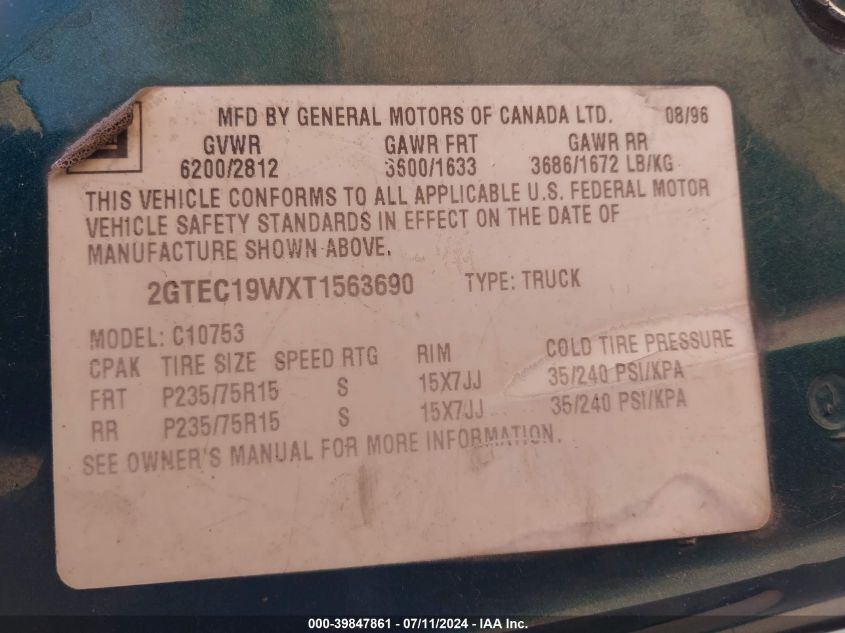 1996 GMC Sierra C1500 VIN: 2GTEC19WXT1563690 Lot: 39847861
