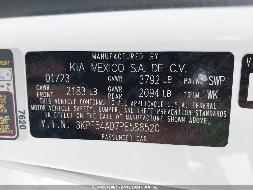 2023 Kia Forte Gt-Line VIN: 3KPF54AD7PE588520 Lot: 39847867