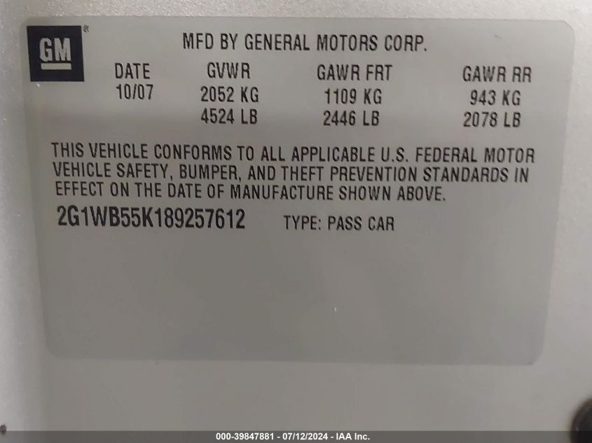 2008 Chevrolet Impala Ls VIN: 2G1WB55K189257612 Lot: 39847881