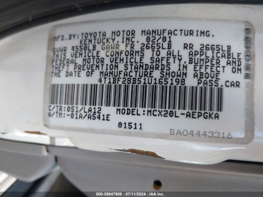 2001 Toyota Avalon Xls W/Bucket Seats VIN: 4T1BF28B51U165198 Lot: 39847909