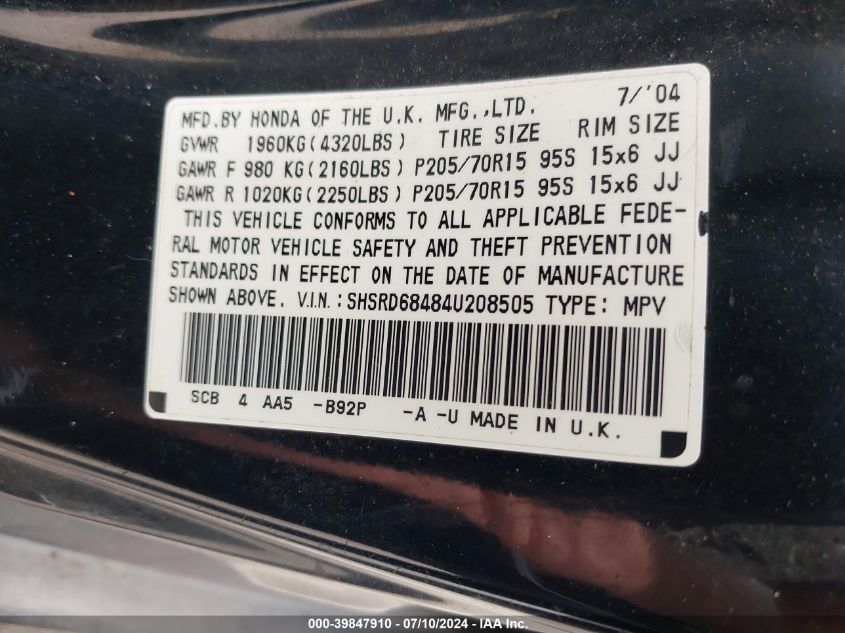 2004 Honda Cr-V Lx VIN: SHSRD68484U208505 Lot: 39847910