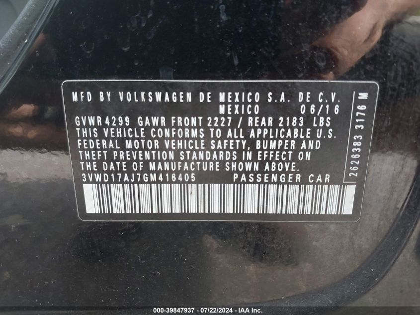 2016 Volkswagen Jetta 1.8T Sport VIN: 3VWD17AJ7GM416405 Lot: 39847937
