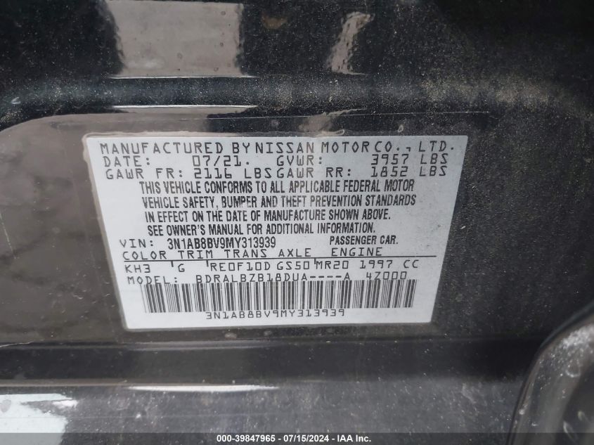 2021 Nissan Sentra S Xtronic Cvt VIN: 3N1AB8BV9MY313939 Lot: 39847965