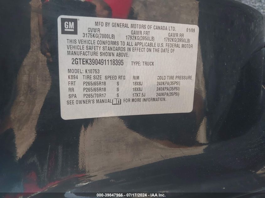 2009 GMC Sierra K1500 Slt VIN: 2GTEK390491118395 Lot: 39847966