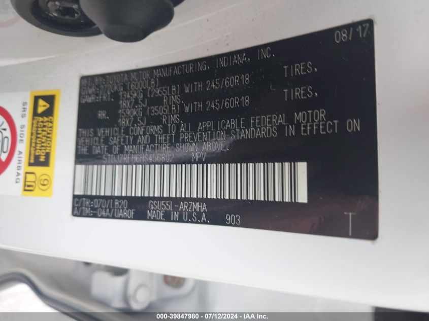 2017 Toyota Highlander Se/Xle VIN: 5TDJZRFH6HS456802 Lot: 39847980