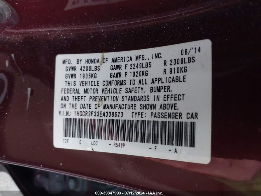 1HGCR2F33EA308623 2014 Honda Accord Lx