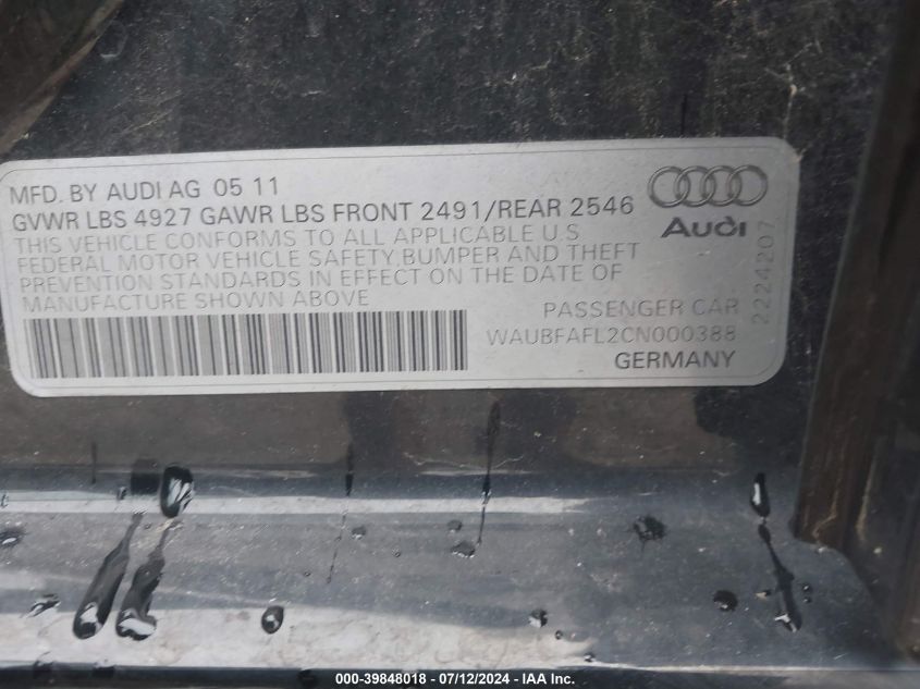 2012 Audi A4 Premium VIN: WAUBFAFL2CN000388 Lot: 39848018