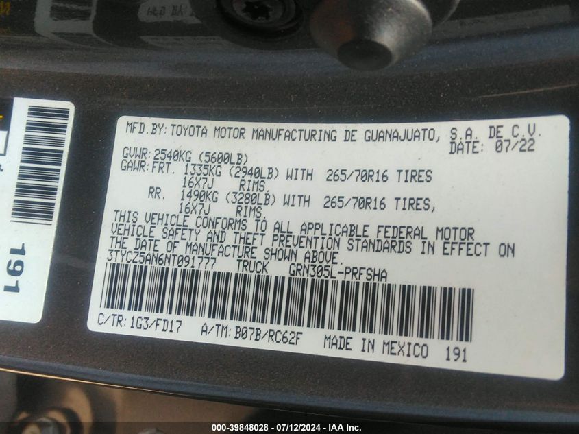 2022 Toyota Tacoma Trd Off Road VIN: 3TYCZ5AN6NT091777 Lot: 39848028