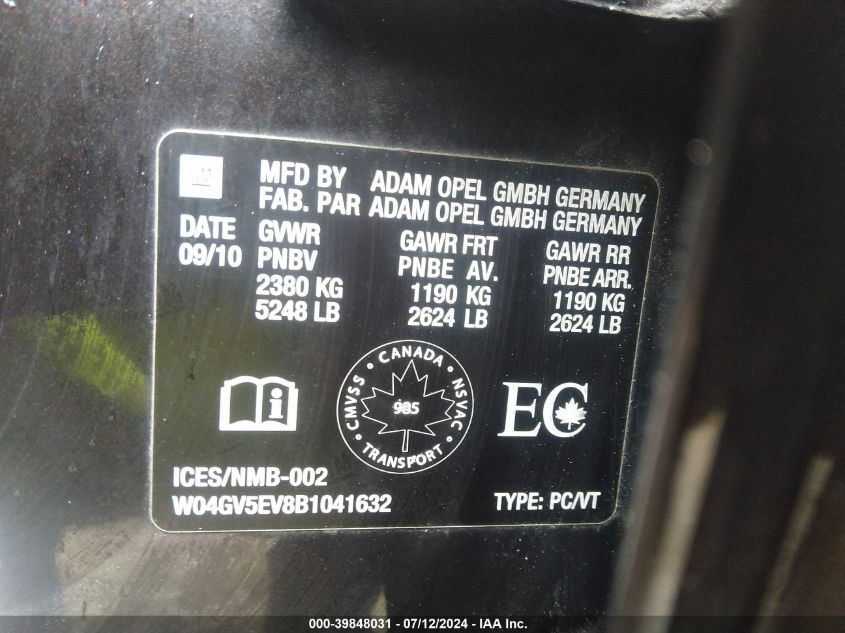 2011 Buick Regal Cxl Turbo Russelsheim VIN: W04GV5EV8B1041632 Lot: 39848031