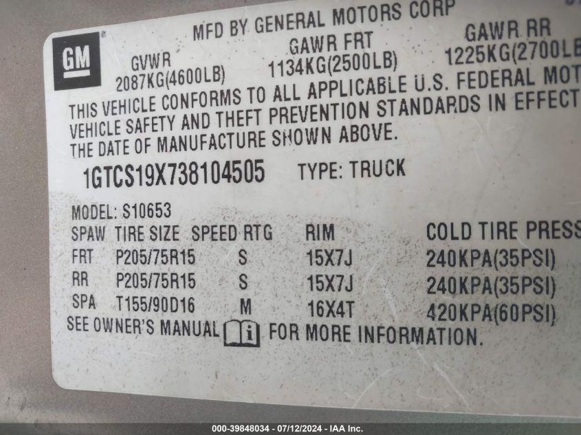 2003 GMC Sonoma Sls VIN: 1GTCS19X738104505 Lot: 39848034