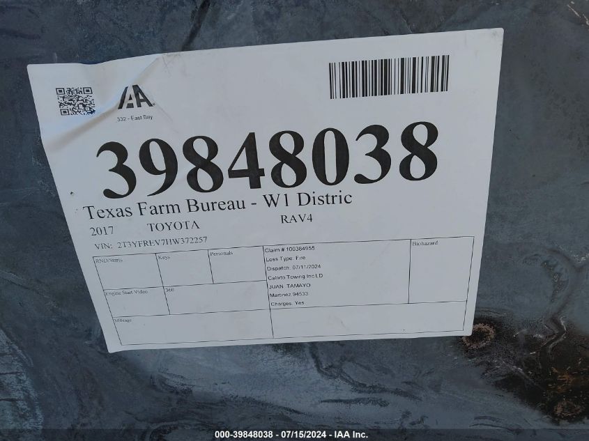 2T3YFREV7HW372257 2017 Toyota Rav4 Limited