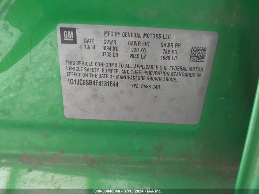 2015 Chevrolet Sonic Lt VIN: 1G1JC6SB4F4131844 Lot: 39848040