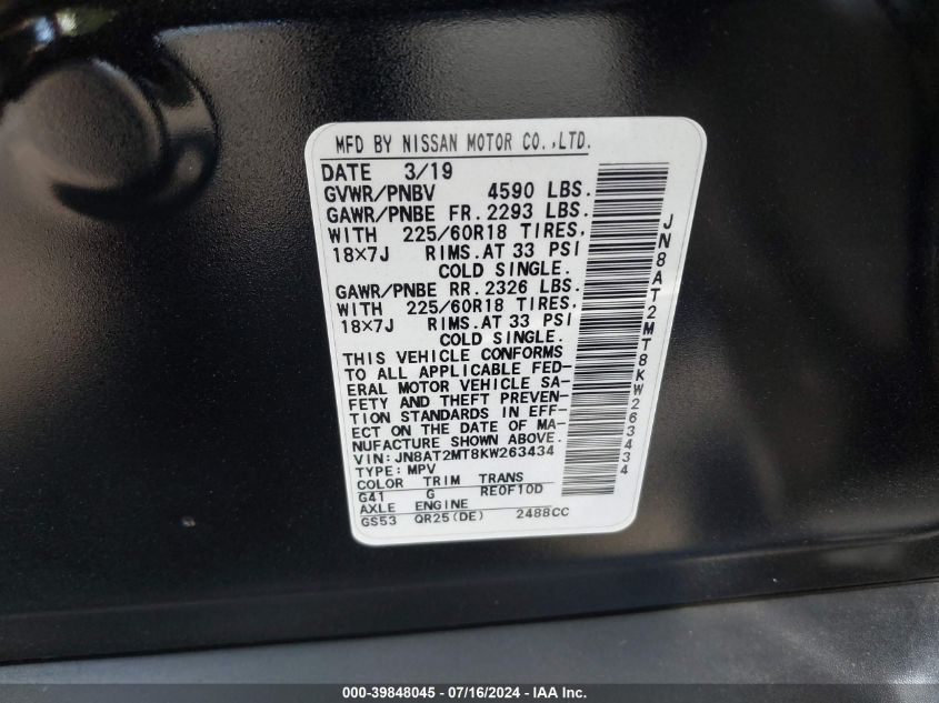 2019 Nissan Rogue Sv VIN: JN8AT2MT8KW263434 Lot: 39848045