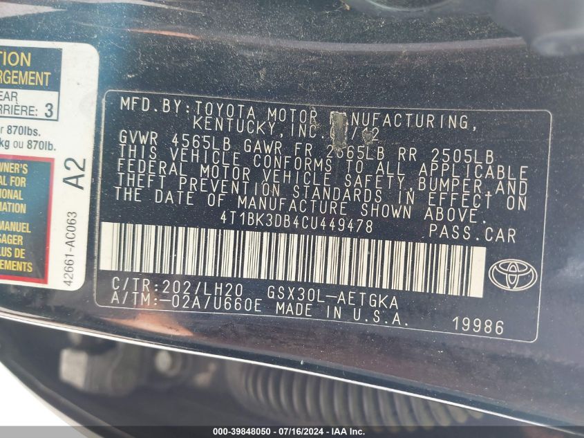 2012 Toyota Avalon VIN: 4T1BK3DB4CU449478 Lot: 39848050