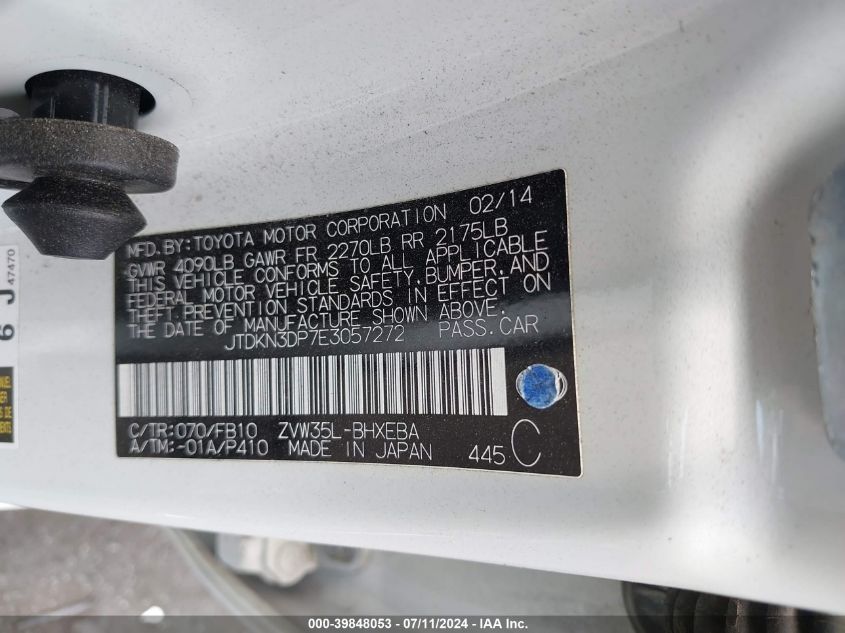 2014 Toyota Prius Plug-In VIN: JTDKN3DP7E3057272 Lot: 39848053