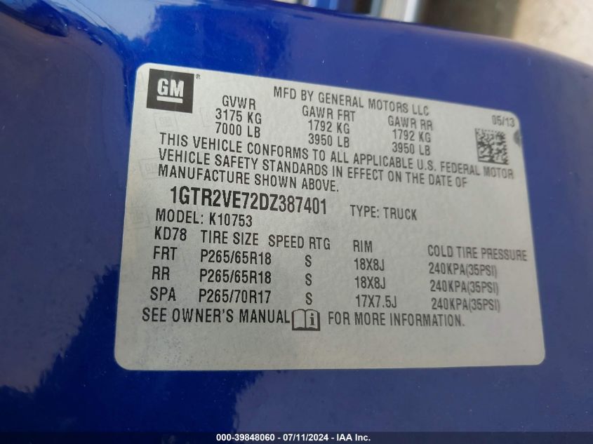 2013 GMC Sierra 1500 Sle VIN: 1GTR2VE72DZ387401 Lot: 39848060