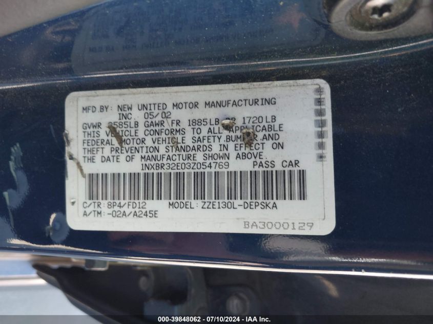 1NXBR32E03Z054769 2003 Toyota Corolla S