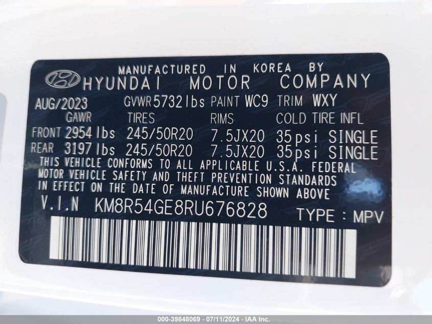 2024 Hyundai Palisade Limited VIN: KM8R54GE8RU676828 Lot: 39848069