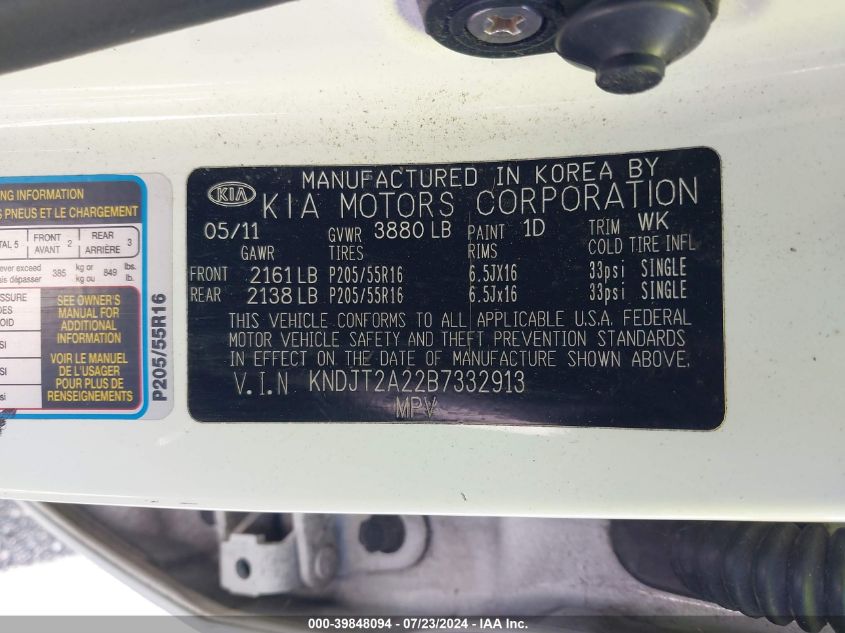 2011 Kia Soul + VIN: KNDJT2A22B7332913 Lot: 39848094