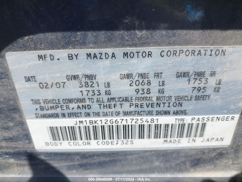 2007 Mazda Mazda3 I VIN: JM1BK12G671725481 Lot: 39848099