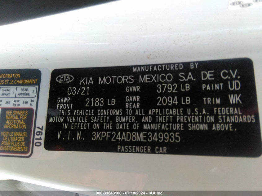 2021 KIA FORTE LXS - 3KPF24AD8ME349935