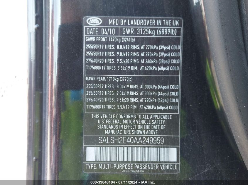 2010 Land Rover Range Rover Sport Supercharged VIN: SALSH2E40AA249959 Lot: 39848104