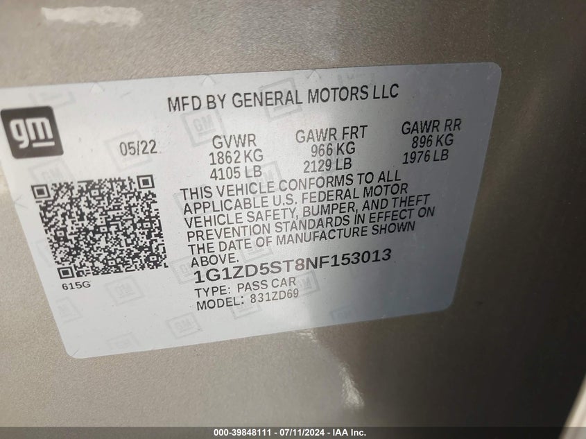 2022 Chevrolet Malibu Fwd Lt VIN: 1G1ZD5ST8NF153013 Lot: 39848111