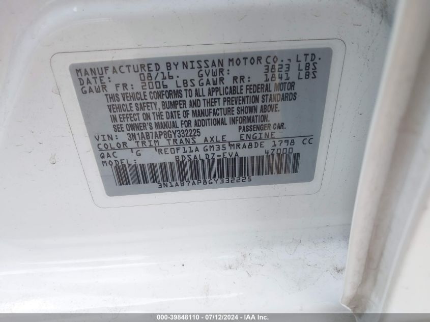 2016 Nissan Sentra Sv VIN: 3N1AB7AP8GY332225 Lot: 39848110