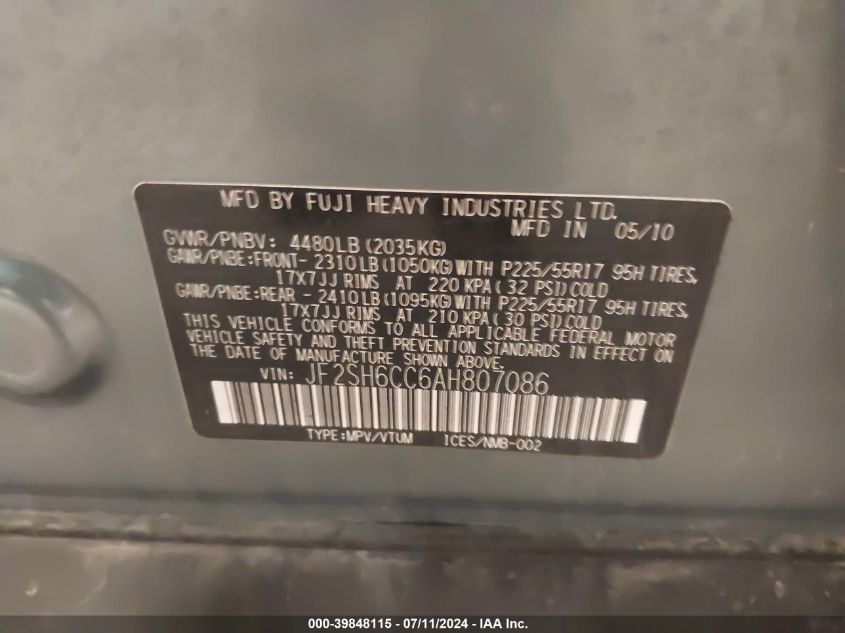 2010 Subaru Forester 2.5X Premium VIN: JF2SH6CC6AH807086 Lot: 39848115