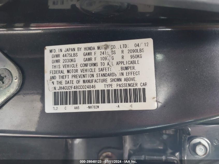 2012 Acura Tsx 2.4 (A5) VIN: JH4CU2F48CC024846 Lot: 39848123