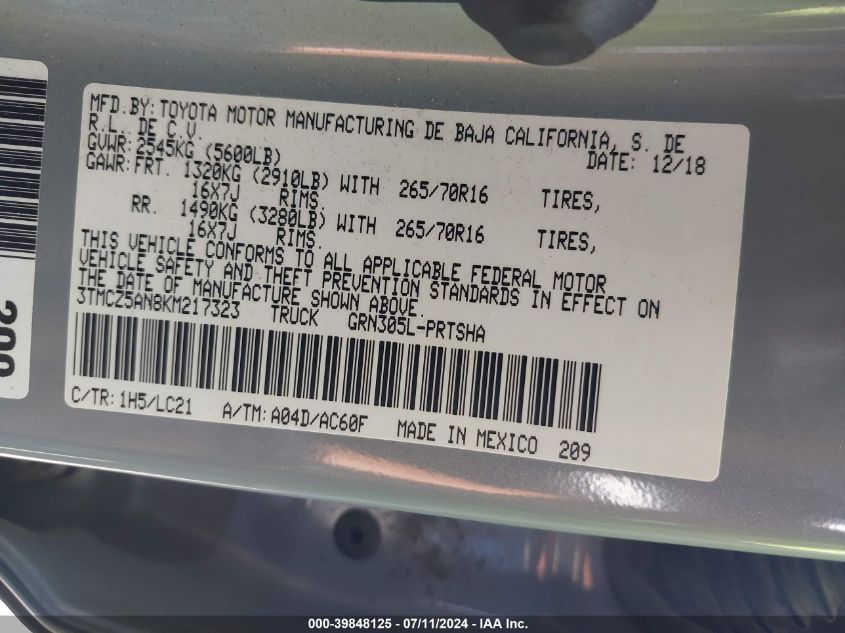 2019 Toyota Tacoma Trd Off Road VIN: 3TMCZ5AN8KM217323 Lot: 39848125