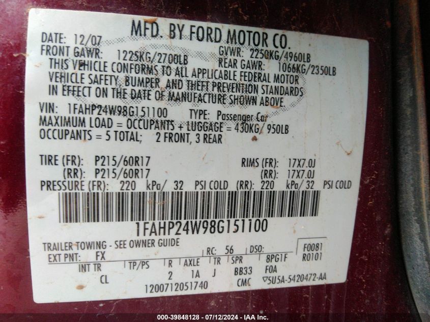 2008 Ford Taurus Sel VIN: 1FAHP24W98G151100 Lot: 39848128