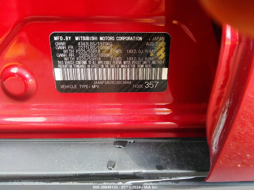 2020 Mitsubishi Outlander Sport 2.0 Es VIN: JA4AP3AUXLU003644 Lot: 39848133