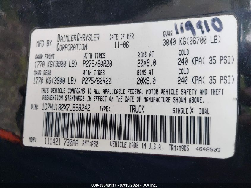 2007 Dodge Ram 1500 Slt/Trx4 Off Road/Sport VIN: 1D7HU182X7J558242 Lot: 39848137