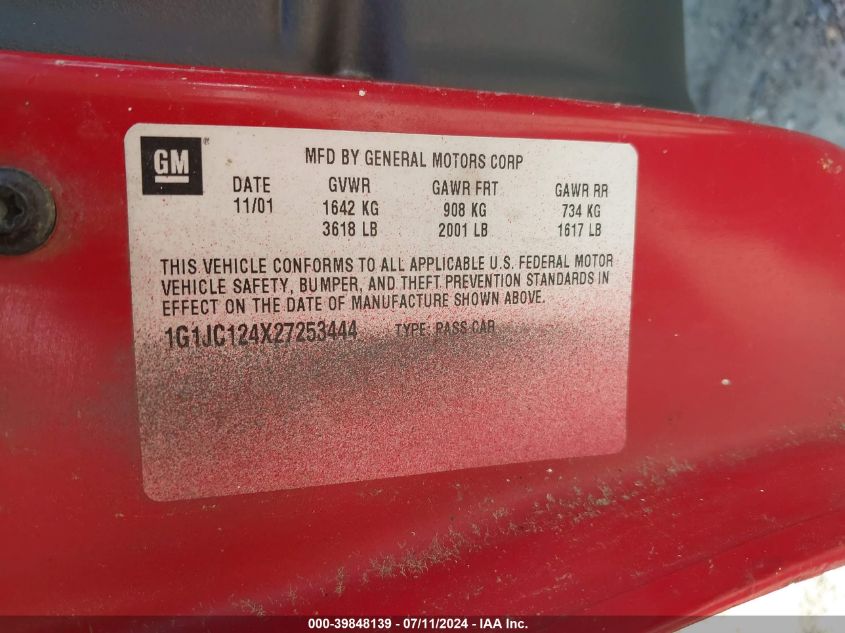 2002 Chevrolet Cavalier VIN: 1G1JC124X27253444 Lot: 39848139