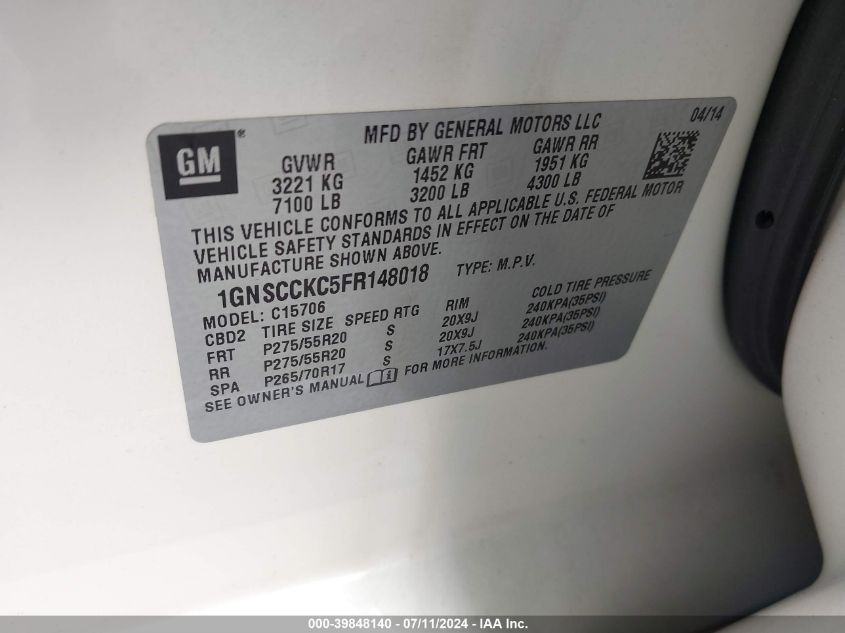 2015 Chevrolet Tahoe Ltz VIN: 1GNSCCKC5FR148018 Lot: 39848140