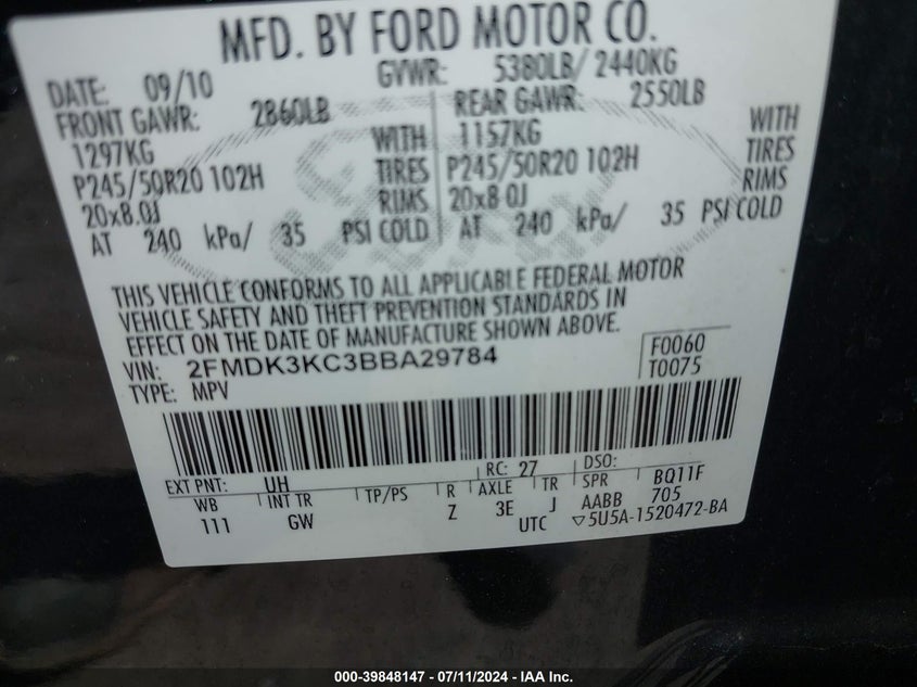 2011 Ford Edge Limited VIN: 2FMDK3KC3BBA29784 Lot: 39848147