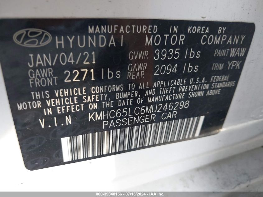 2021 Hyundai Ioniq Blue VIN: KMHC65LC6MU246298 Lot: 39848156