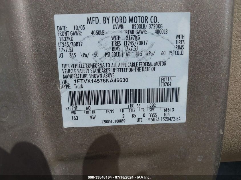 2006 Ford F-150 Fx4/Lariat/Xl/Xlt VIN: 1FTVX14576NA46630 Lot: 39848164