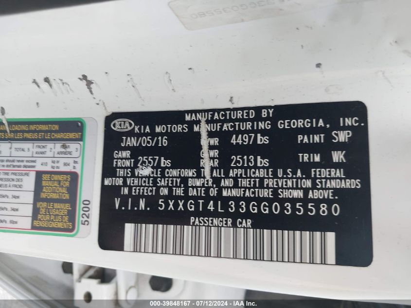 2016 Kia Optima Lx VIN: 5XXGT4L33GG035580 Lot: 39848167
