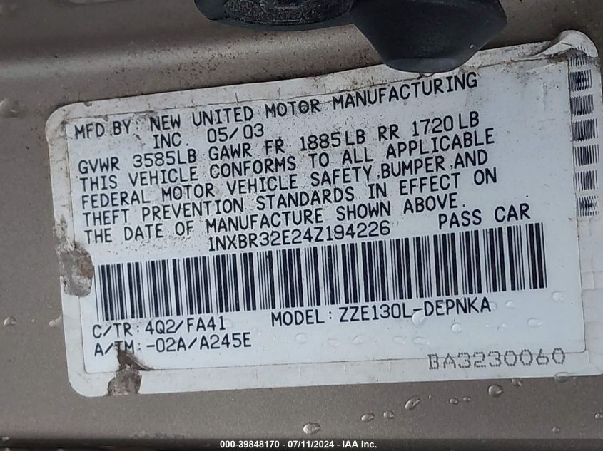 2004 Toyota Corolla Le VIN: 1NXBR32E24Z194226 Lot: 39848170