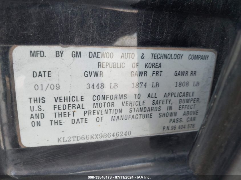 2009 Pontiac G3 VIN: KL2TD66EX9B646240 Lot: 39848178