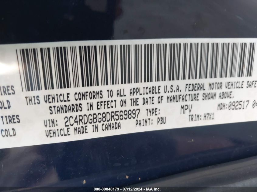 2013 Dodge Grand Caravan Se VIN: 2C4RDGBG8DR569897 Lot: 39848179