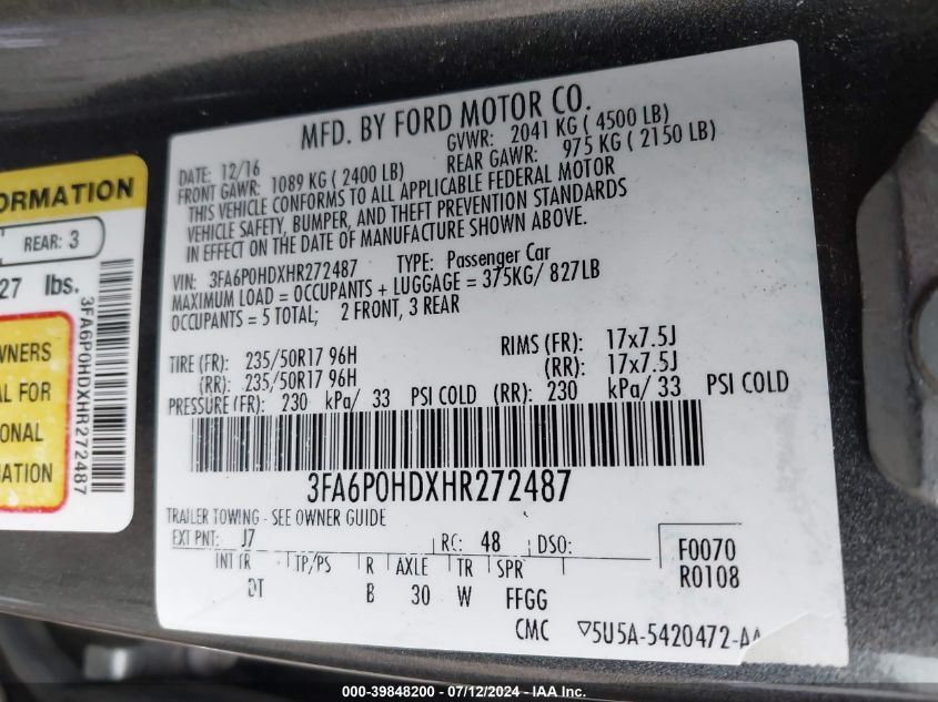 2017 Ford Fusion Se VIN: 3FA6P0HDXHR272487 Lot: 39848200