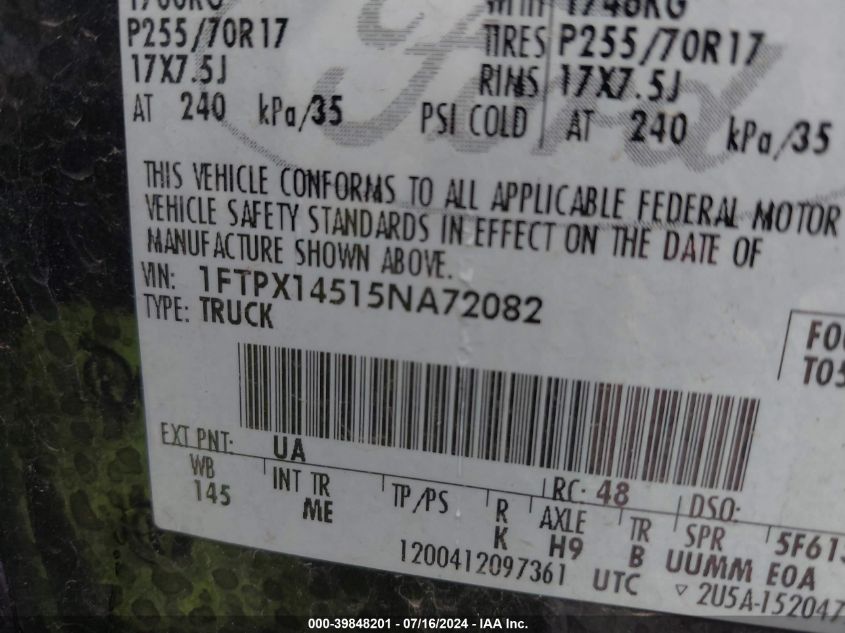 2005 Ford F-150 Fx4/Lariat/Xl/Xlt VIN: 1FTPX14515NA72082 Lot: 39848201