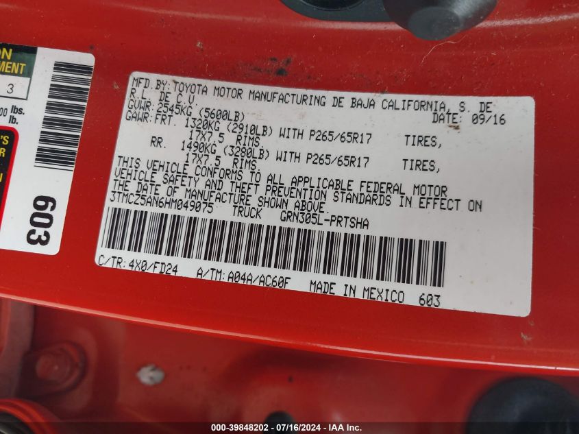 2017 Toyota Tacoma Trd Sport VIN: 3TMCZ5AN6HM049075 Lot: 39848202