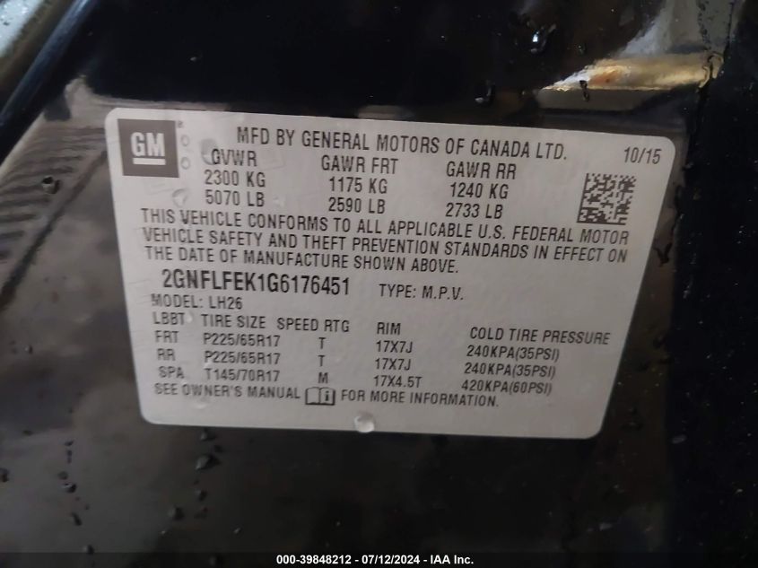 2GNFLFEK1G6176451 2016 Chevrolet Equinox Lt